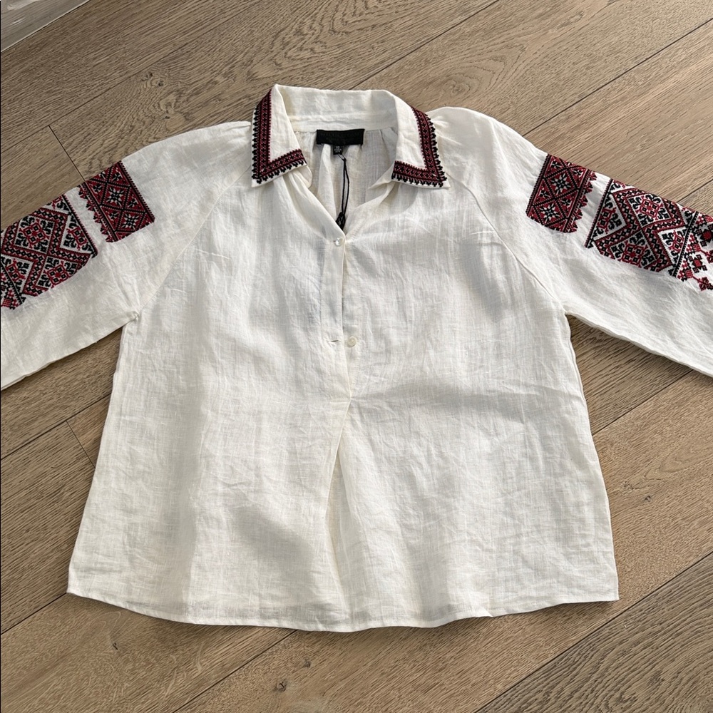 Nili Lotan Ivory Top with Red and Black Embroidery